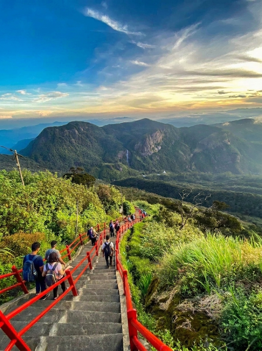 The lit up staircase path of Adam's Peak at night