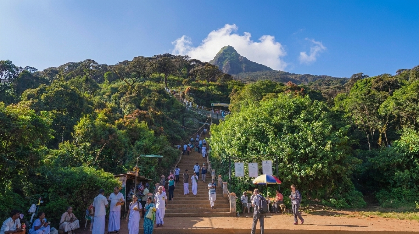 The lit up staircase path of Adam's Peak at night