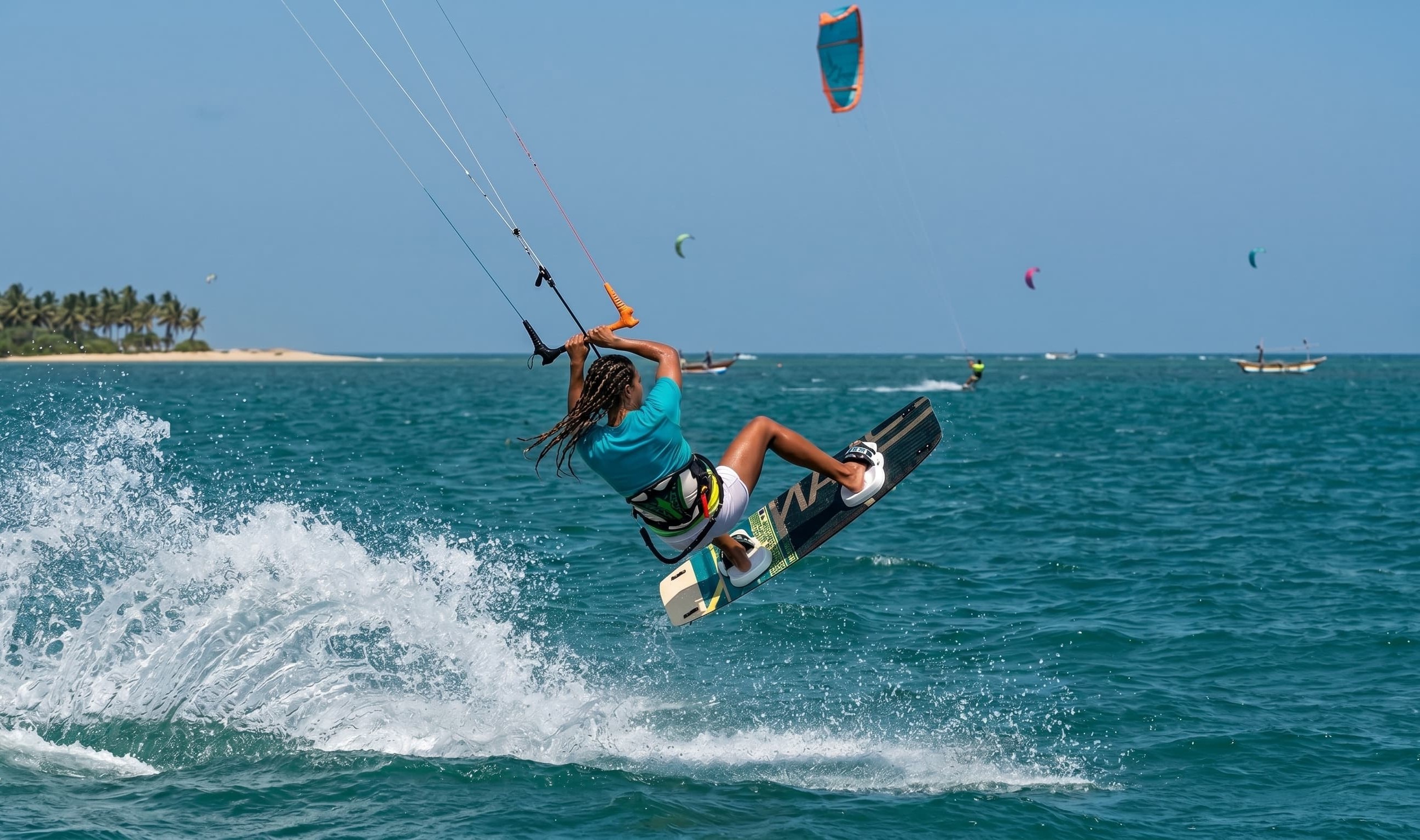 Kite surfers gliding across the flat water of Kalpitiya lagoon