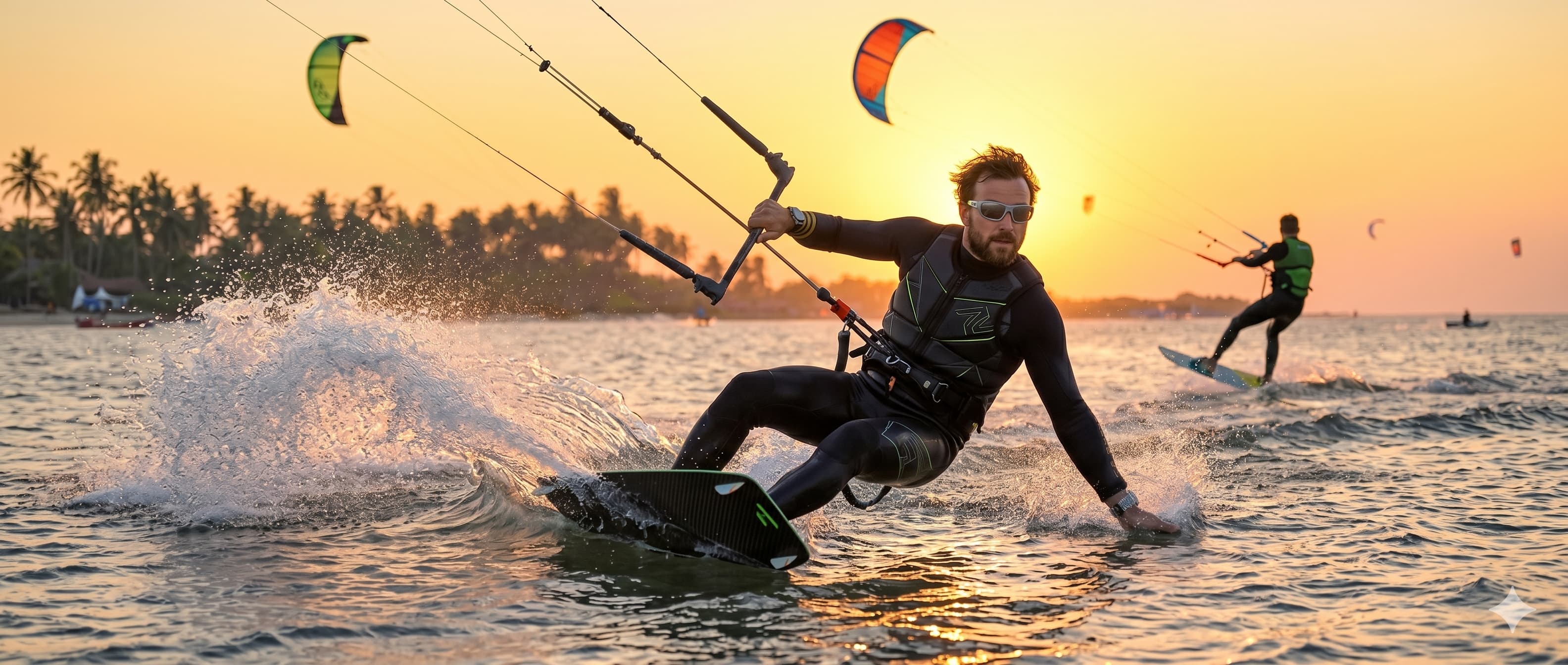 Kite surfers gliding across the flat water of Kalpitiya lagoon