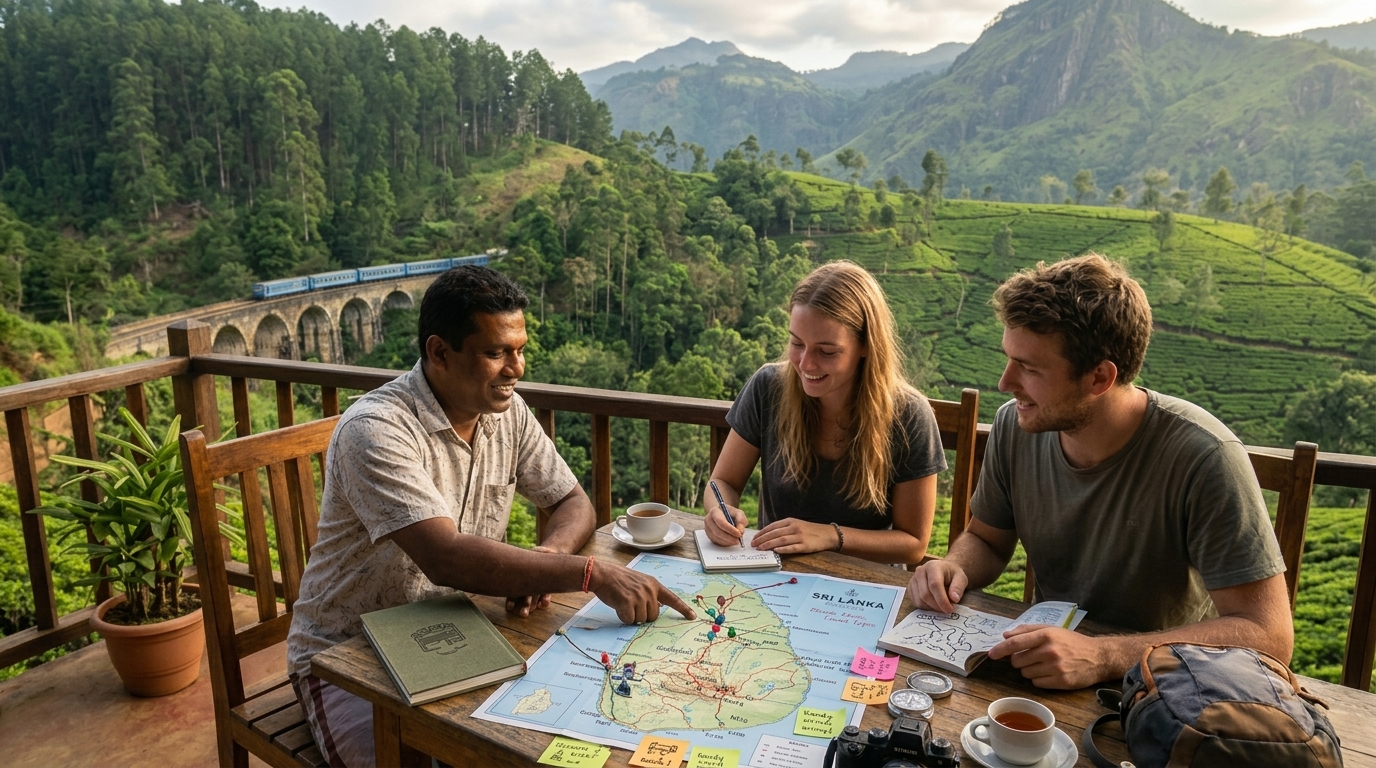 Scenic mountain train route representing Sri Lanka travel planning