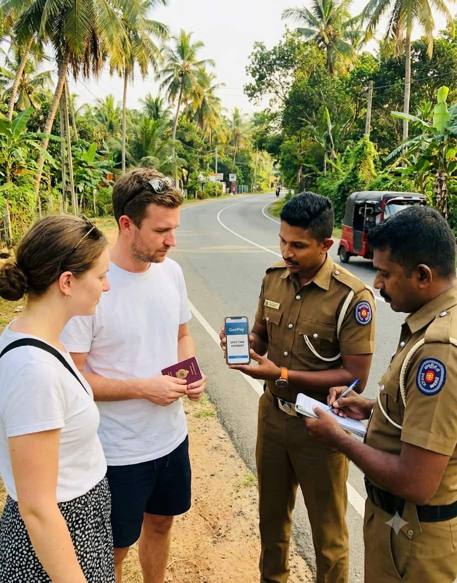 Traffic police checkpoint on a road in Sri Lanka at night