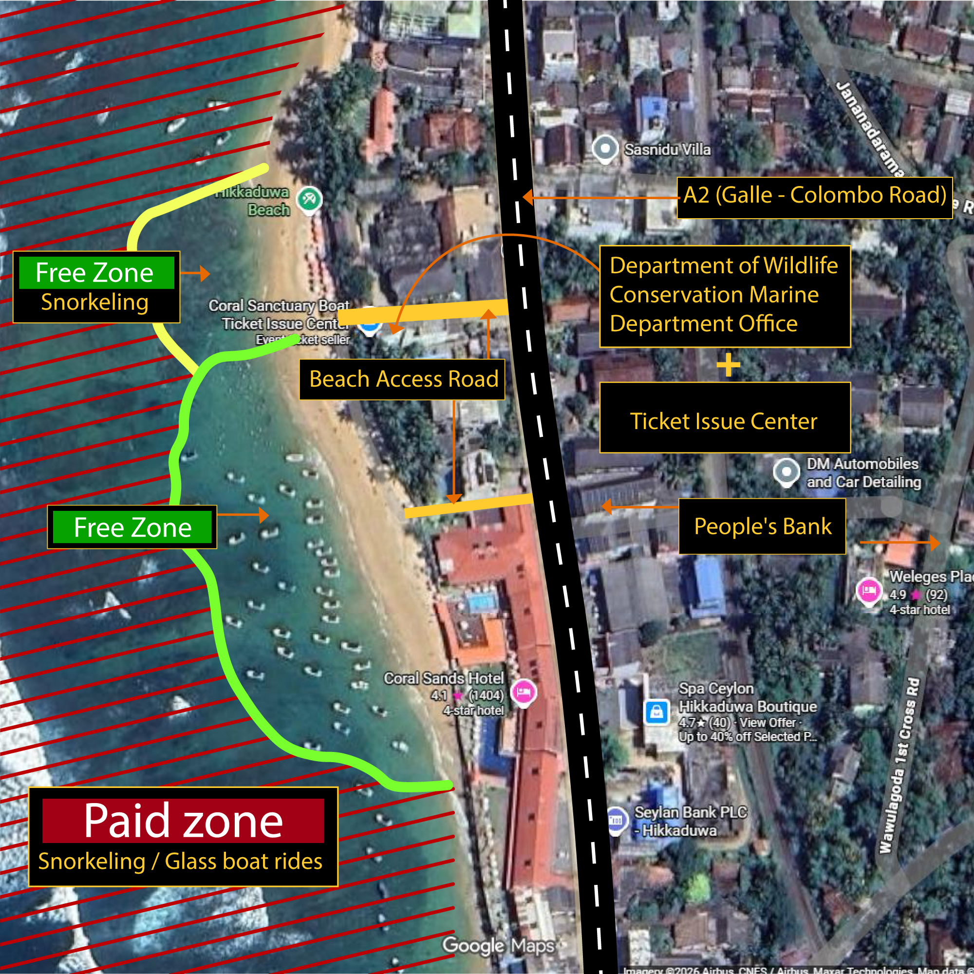 Hikkaduwa beach zone map: free swimming zone in green, paid coral sanctuary in red, ticket office location marked