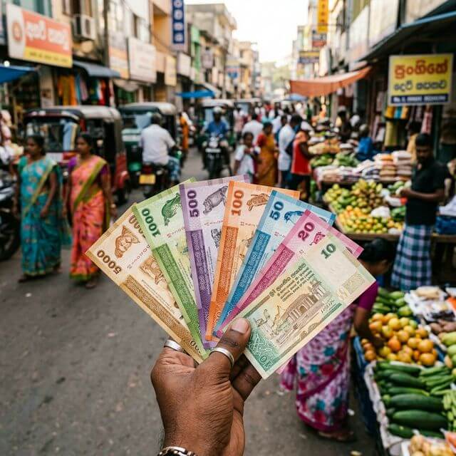 Sri Lankan rupee notes fanned out with ATM machine in background