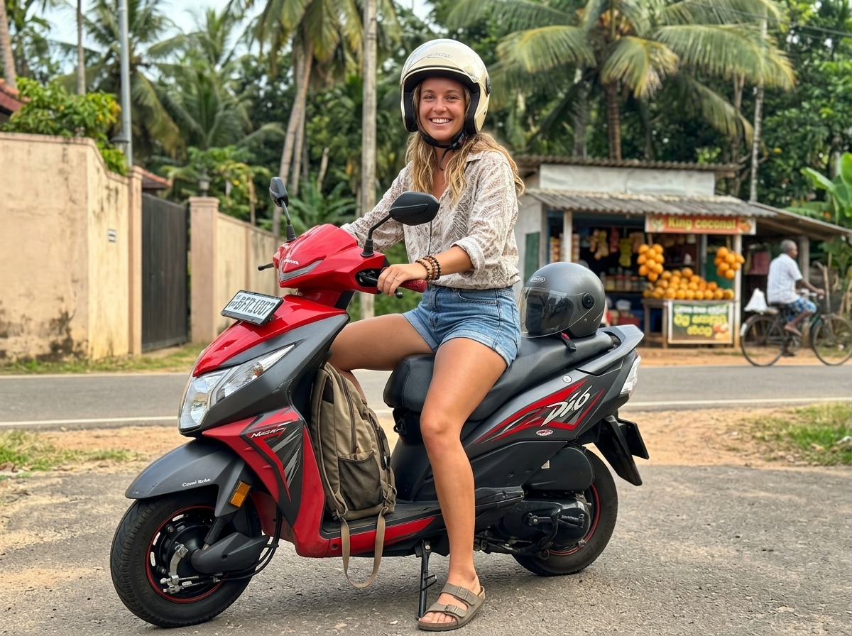 Tourist riding a scooter in Sri Lanka