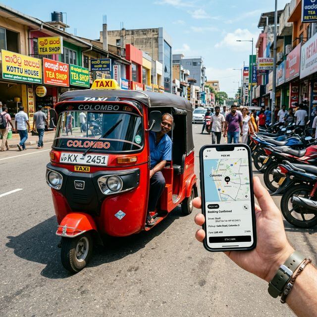 Tuk-tuk on a busy Sri Lanka street with smartphone showing ride app