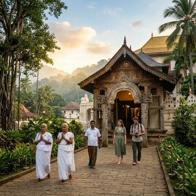 Temple of the Tooth Kandy Sri Lanka entrance with visitors in appropriate dress